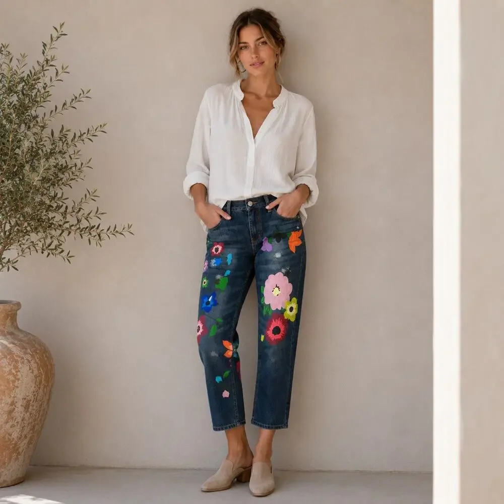 Mislook Floral Painted Tapered Leg Denim Medium